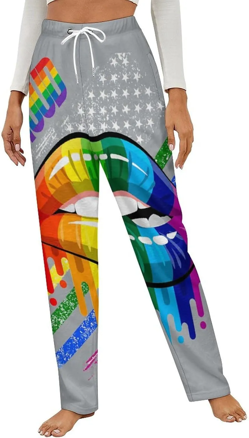 LGBT Rainbow Lips Pride GAY Women's Flannel Pajama Pants Fleece Lounge Sleep Bottoms PJ