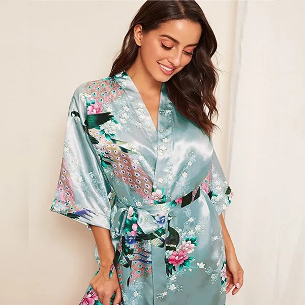 Light Blue Mommy and Me Robes, Floral, Satin Feel