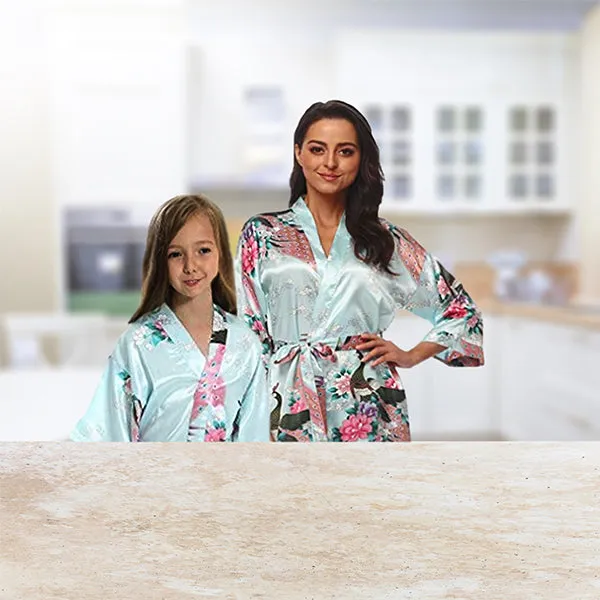 Light Blue Mommy and Me Robes, Floral, Satin Feel