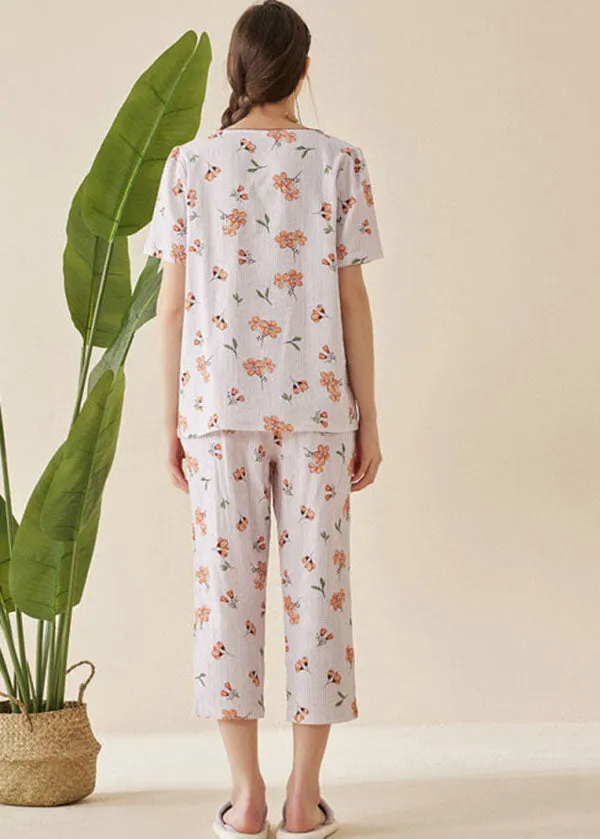 Light Purple Print Cotton Pajamas Two Piece Set Oversized V Neck Short Sleeve