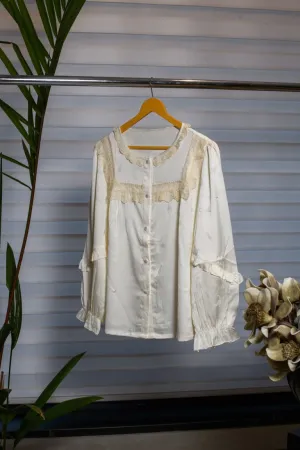 Light Yellow Comfort Lounge Wear Embraced in Delicate Lace, Paired with Full Pants