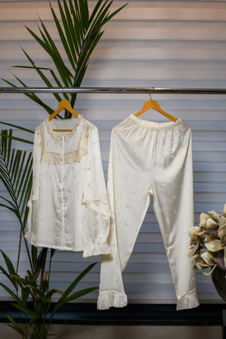 Light Yellow Comfort Lounge Wear Embraced in Delicate Lace, Paired with Full Pants