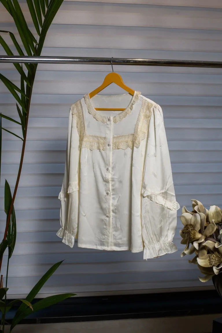 Light Yellow Comfort Lounge Wear Embraced in Delicate Lace, Paired with Full Pants