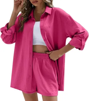 Linen Set for Women 2 Piece Long Sleeve Button down Blouse and Shorts Matching Sweatsuit Sets Track Suits Sweat Suit