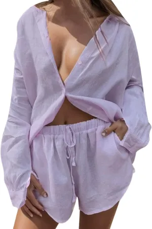 Linen Set for Women 2 Piece Long Sleeve Button down Shirt and Shorts Tracksuit Lounge Set Fashion Trendy Clothes