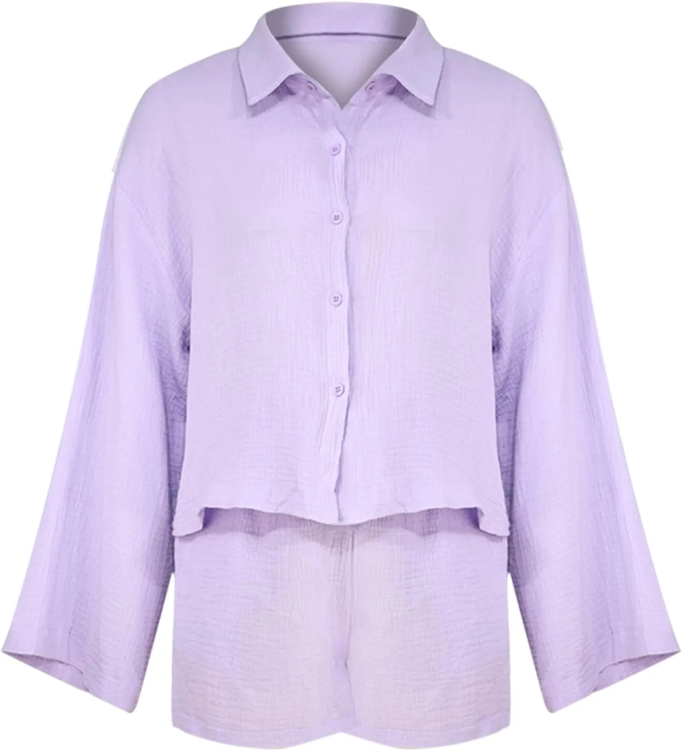 Linen Set for Women 2 Piece Long Sleeve Button down Shirt and Shorts Tracksuit Lounge Set Fashion Trendy Clothes