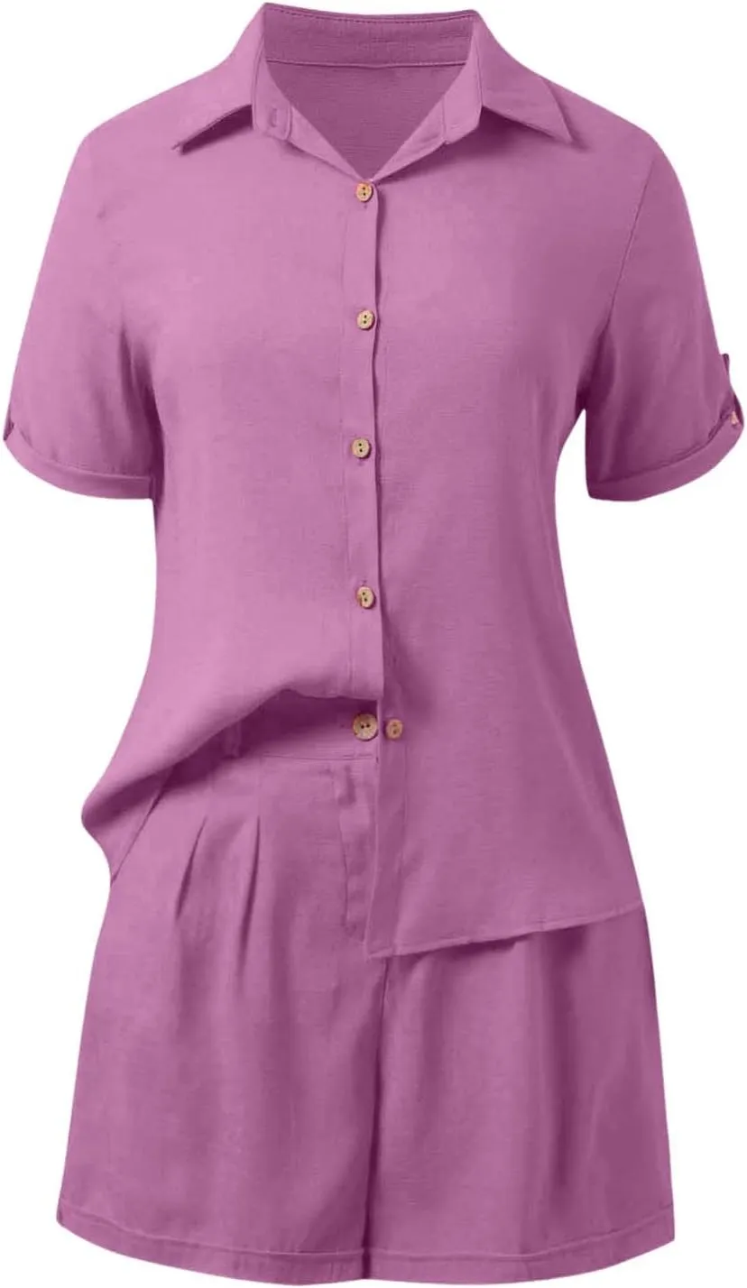 Linen Set for Women 2 Piece Short Sleeve Button down Shirt and Shorts Tracksuit Lounge Set Track Suits Sweat Suit
