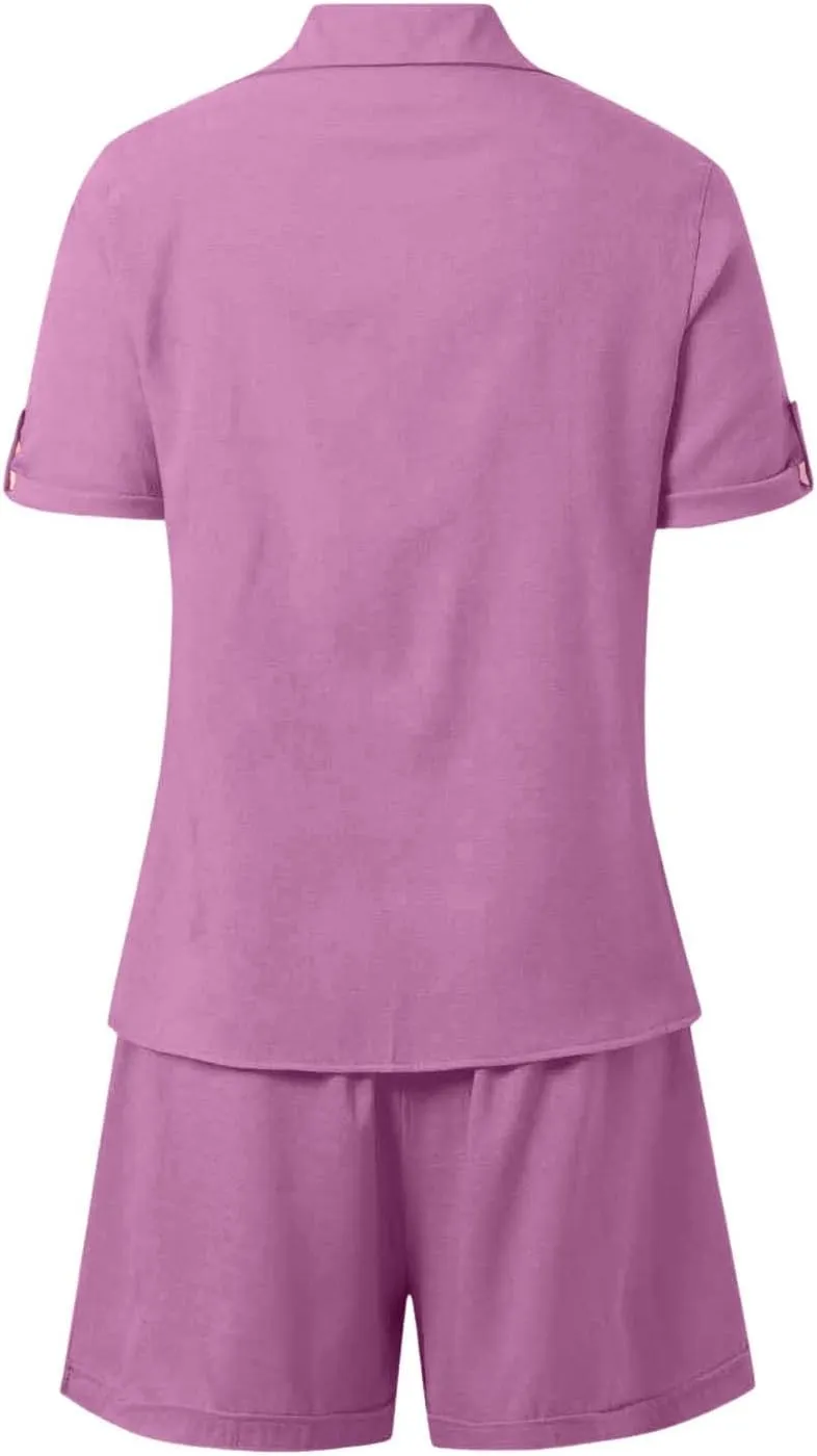 Linen Set for Women 2 Piece Short Sleeve Button down Shirt and Shorts Tracksuit Lounge Set Track Suits Sweat Suit