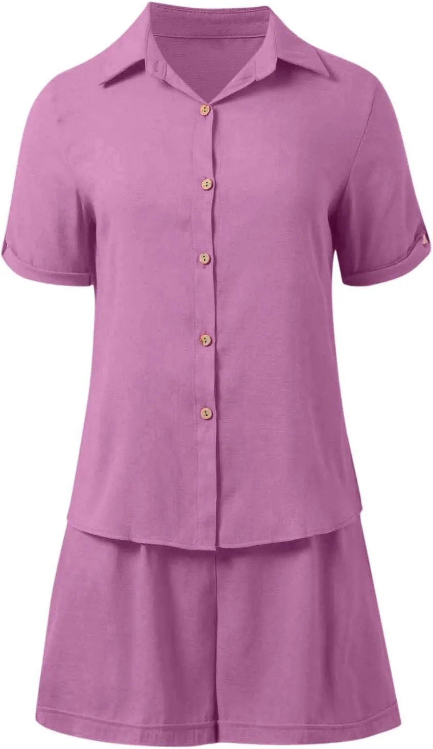 Linen Set for Women 2 Piece Short Sleeve Button down Shirt and Shorts Tracksuit Lounge Set Track Suits Sweat Suit