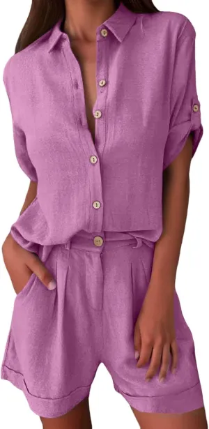 Linen Set for Women 2 Piece Short Sleeve Button down Shirt and Shorts Tracksuit Lounge Set Track Suits Sweat Suit