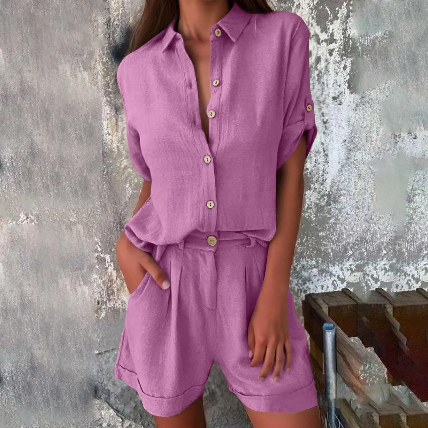 Linen Set for Women 2 Piece Short Sleeve Button down Shirt and Shorts Tracksuit Lounge Set Track Suits Sweat Suit