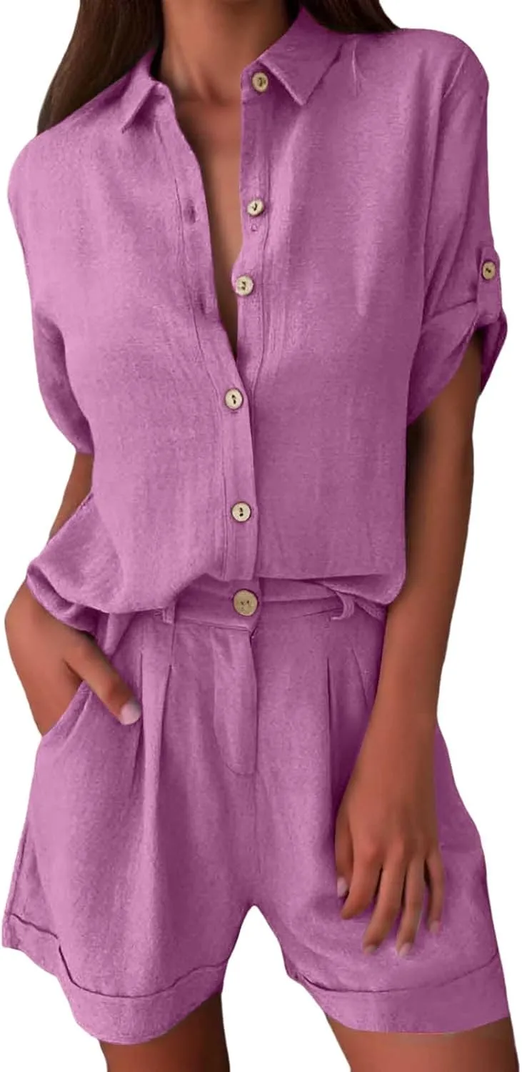 Linen Set for Women 2 Piece Short Sleeve Button down Shirt and Shorts Tracksuit Lounge Set Track Suits Sweat Suit