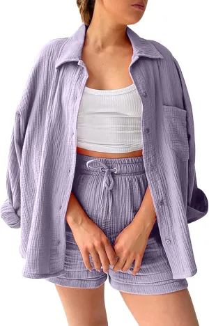 Linen Set for Women Cotton Linen Button down Matching Set Long Sleeve Shirts and Shorts Sets Fashion Trendy Clothes