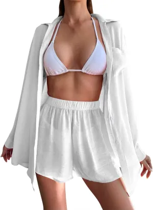 Linen Set for Women Cotton Linen Button down Matching Set Long Sleeve Shirts and Shorts Sets Track Suits Sweat Suit