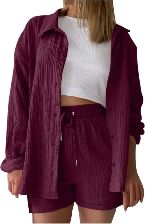 Linen Set for Women Long Sleeve Button down Blouse and Shorts Matching Sweatsuit Sets Airport Outfits Cute Clothes