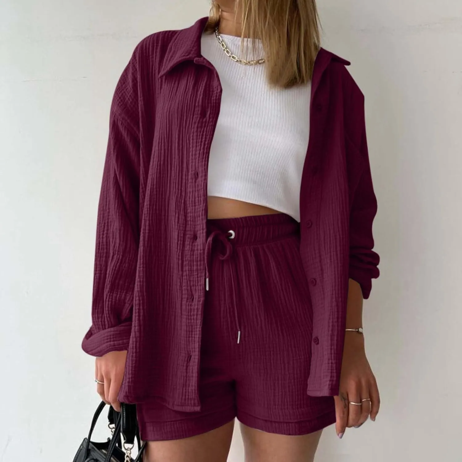 Linen Set for Women Long Sleeve Button down Blouse and Shorts Matching Sweatsuit Sets Airport Outfits Cute Clothes