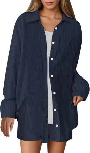 Linen Set for Women Long Sleeve Button down Shirt and Shorts Tracksuit Lounge Set Beach Vacation Cruise Outfits 2025