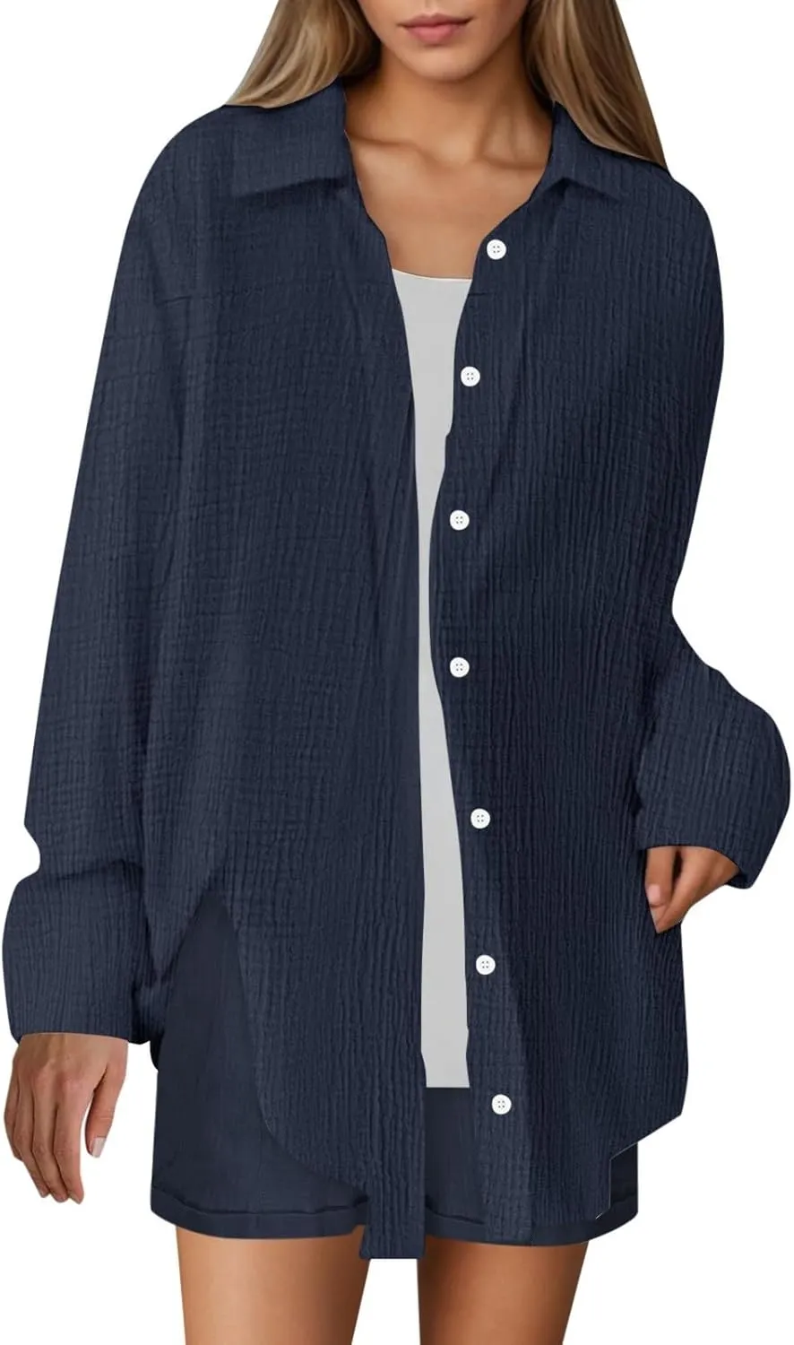 Linen Set for Women Long Sleeve Button down Shirt and Shorts Tracksuit Lounge Set Beach Vacation Cruise Outfits 2025