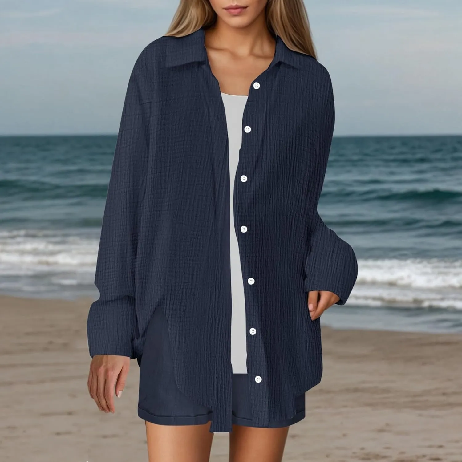 Linen Set for Women Long Sleeve Button down Shirt and Shorts Tracksuit Lounge Set Beach Vacation Cruise Outfits 2025
