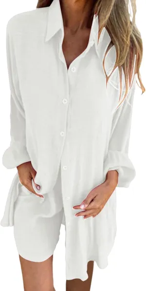 Linen Set for Women Long Sleeve Button down Shirts Matching Boxer Shorts Sets Loungewear Plus Size Maternity Clothes