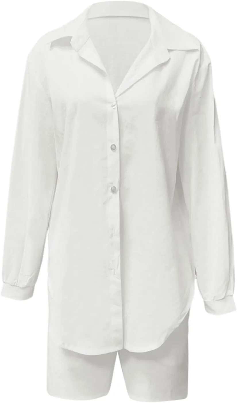 Linen Set for Women Long Sleeve Button down Shirts Matching Boxer Shorts Sets Loungewear Plus Size Maternity Clothes