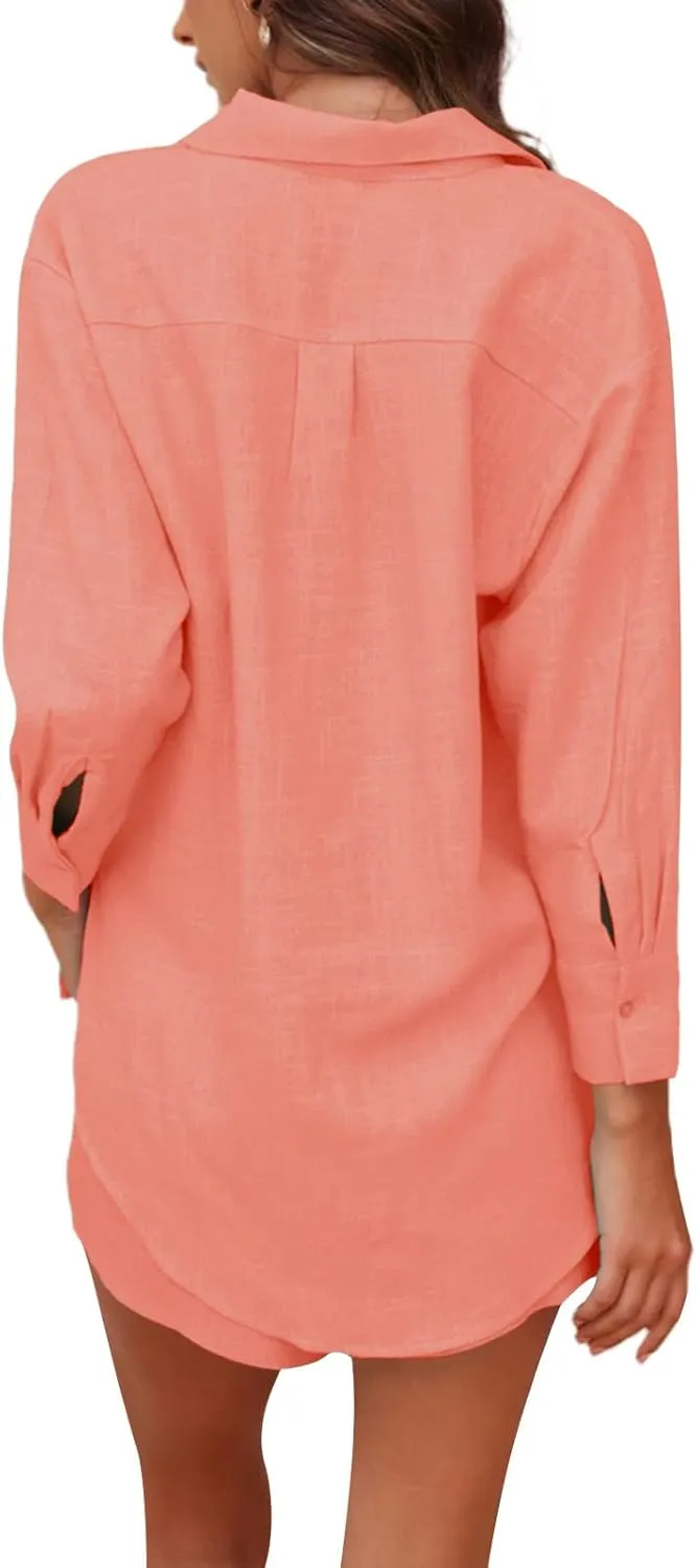Linen Set for Women Short Sleeve Button down Shirt and Shorts Tracksuit Lounge Set Airport Outfits Cute Clothes