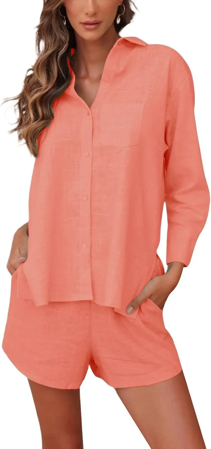 Linen Set for Women Short Sleeve Button down Shirt and Shorts Tracksuit Lounge Set Airport Outfits Cute Clothes