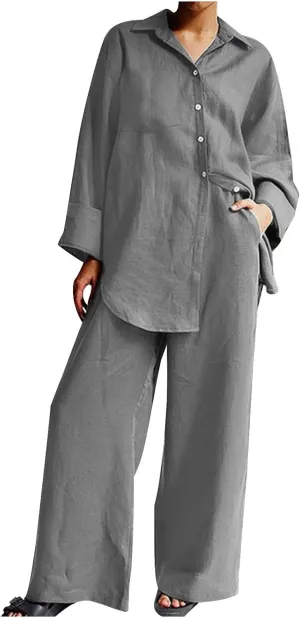 Linen Set for Women Summer 2 Piece Outfits Button Down Shirt and Pants Set Casual Loungewear Sets Wide Leg Pants Set