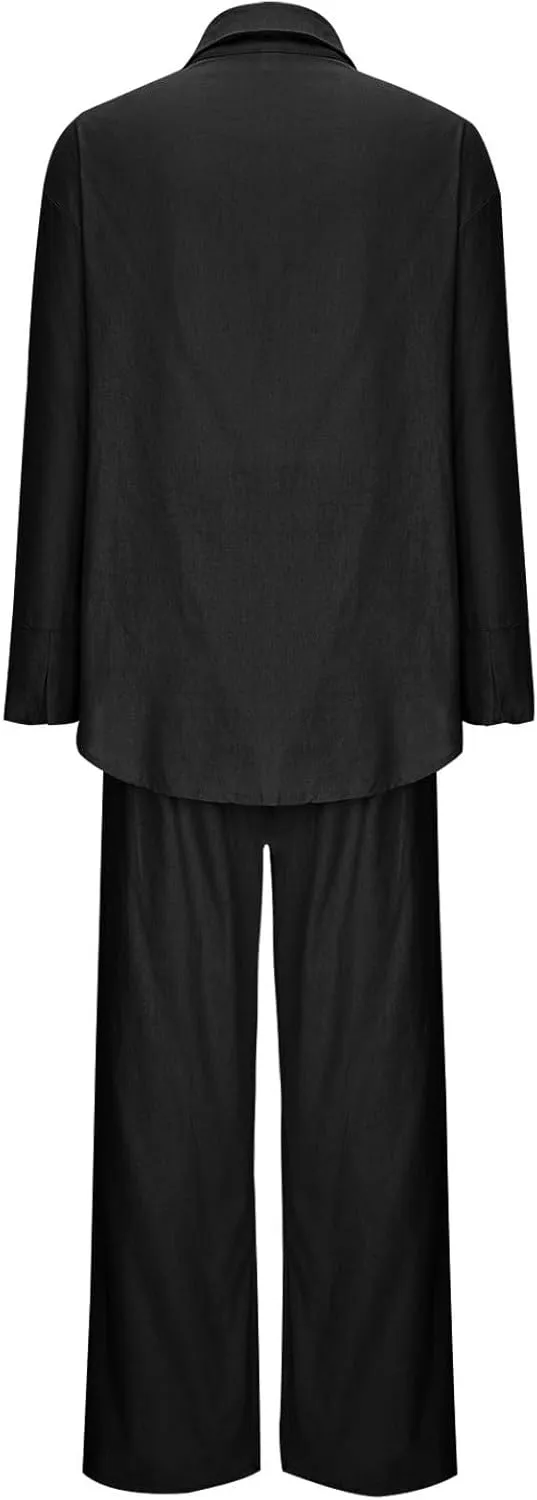 Linen Set for Women Summer 2 Piece Outfits Button Down Shirt and Pants Set Casual Loungewear Sets Wide Leg Pants Set