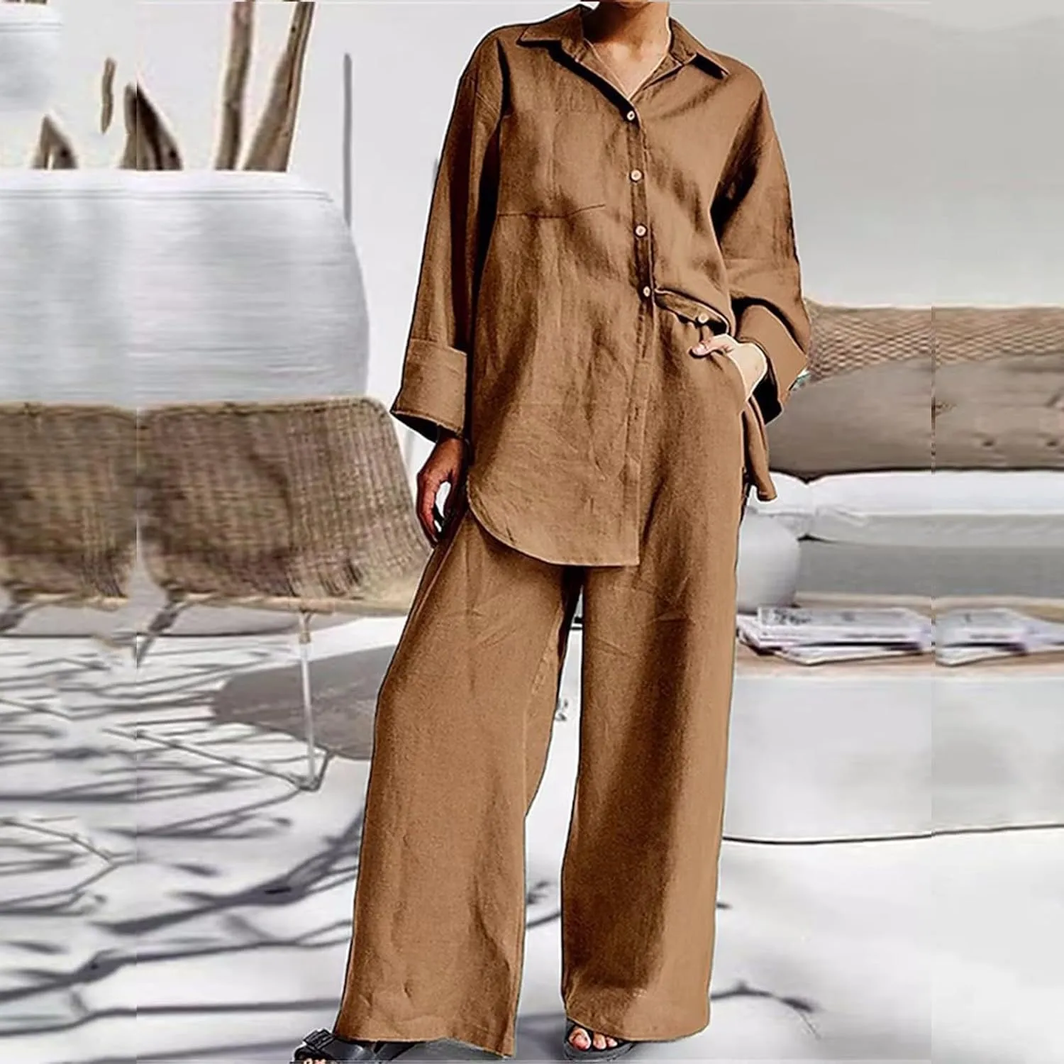 Linen Set for Women Summer 2 Piece Outfits Button Down Shirt and Pants Set Casual Loungewear Sets Wide Leg Pants Set