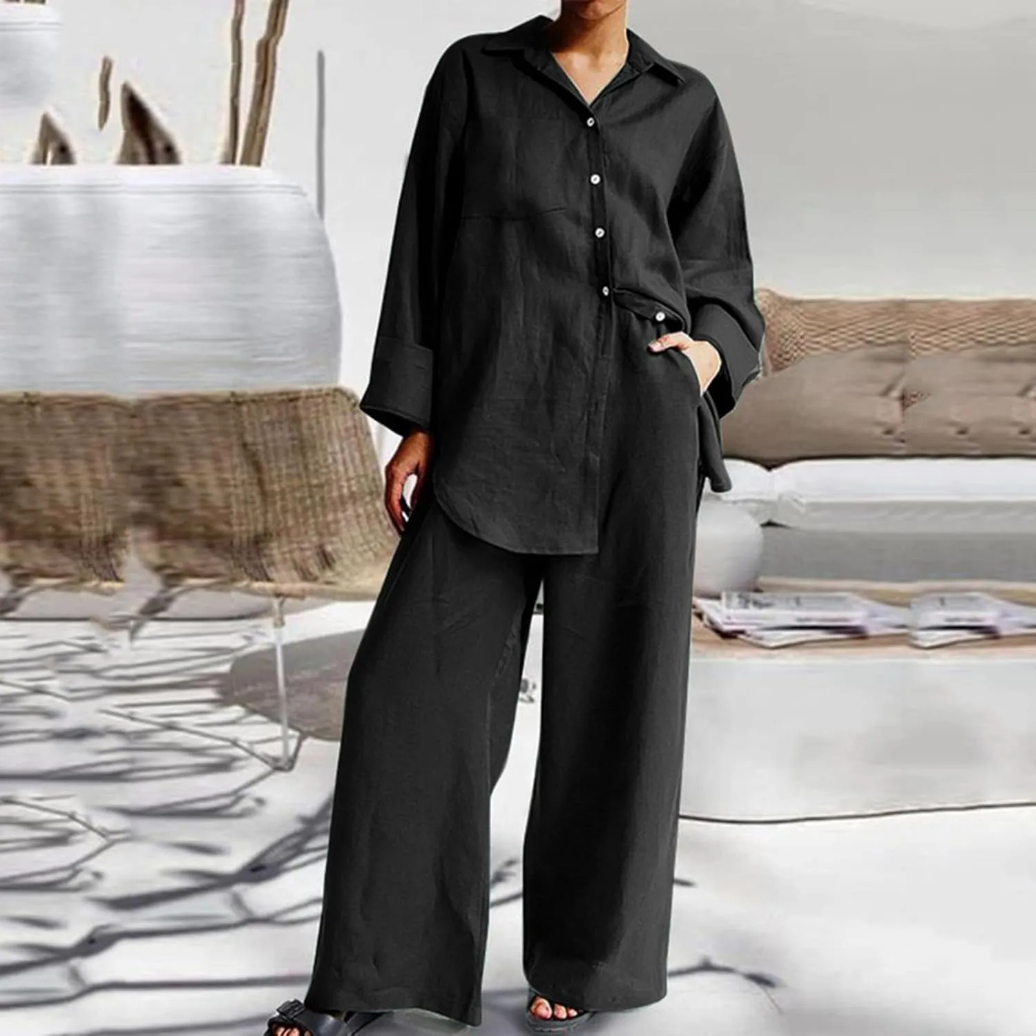 Linen Set for Women Summer 2 Piece Outfits Button Down Shirt and Pants Set Casual Loungewear Sets Wide Leg Pants Set
