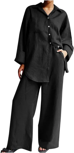 Linen Set for Women Summer 2 Piece Outfits Button Down Shirt and Pants Set Casual Loungewear Sets Wide Leg Pants Set