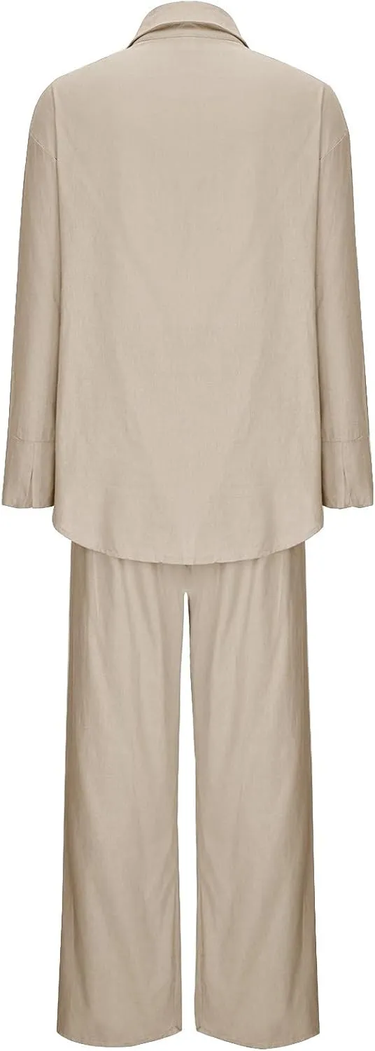 Linen Set for Women Summer 2 Piece Outfits Button Down Shirt and Pants Set Casual Loungewear Sets Wide Leg Pants Set