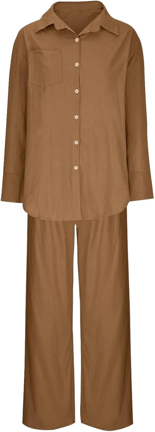 Linen Set for Women Summer 2 Piece Outfits Button Down Shirt and Pants Set Casual Loungewear Sets Wide Leg Pants Set