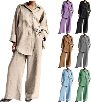Linen Set for Women Summer 2 Piece Outfits Button Down Shirt and Pants Set Casual Loungewear Sets Wide Leg Pants Set