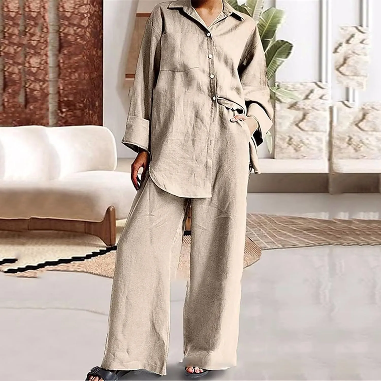 Linen Set for Women Summer 2 Piece Outfits Button Down Shirt and Pants Set Casual Loungewear Sets Wide Leg Pants Set
