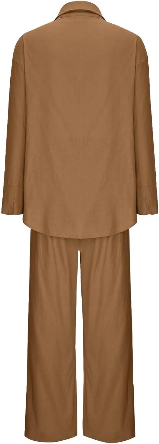 Linen Set for Women Summer 2 Piece Outfits Button Down Shirt and Pants Set Casual Loungewear Sets Wide Leg Pants Set