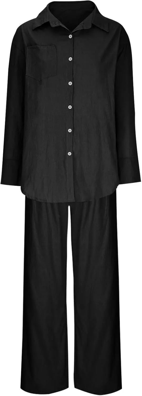 Linen Set for Women Summer 2 Piece Outfits Button Down Shirt and Pants Set Casual Loungewear Sets Wide Leg Pants Set
