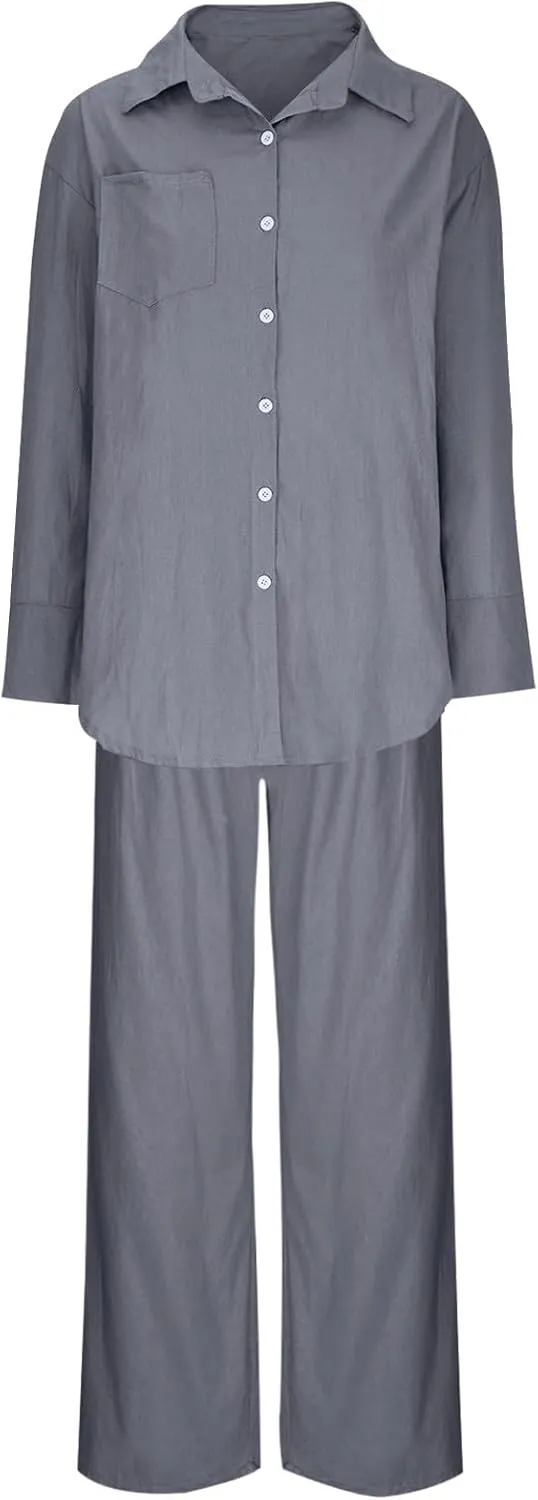 Linen Set for Women Summer 2 Piece Outfits Button Down Shirt and Pants Set Casual Loungewear Sets Wide Leg Pants Set