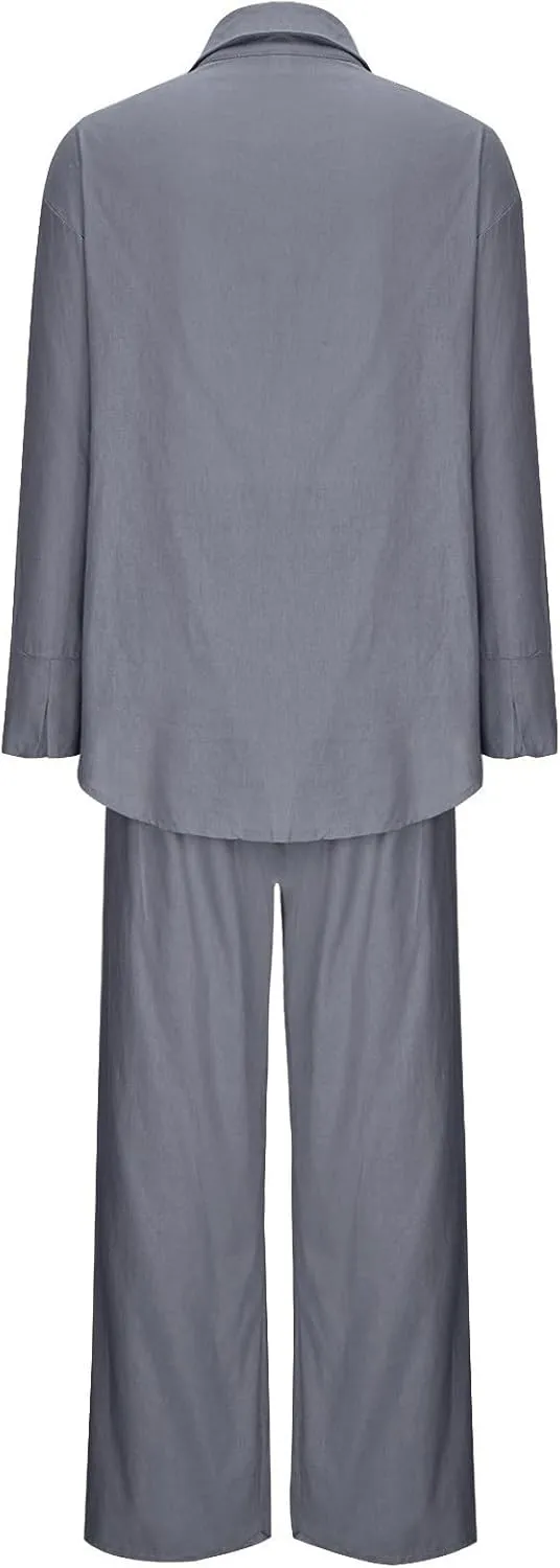 Linen Set for Women Summer 2 Piece Outfits Button Down Shirt and Pants Set Casual Loungewear Sets Wide Leg Pants Set