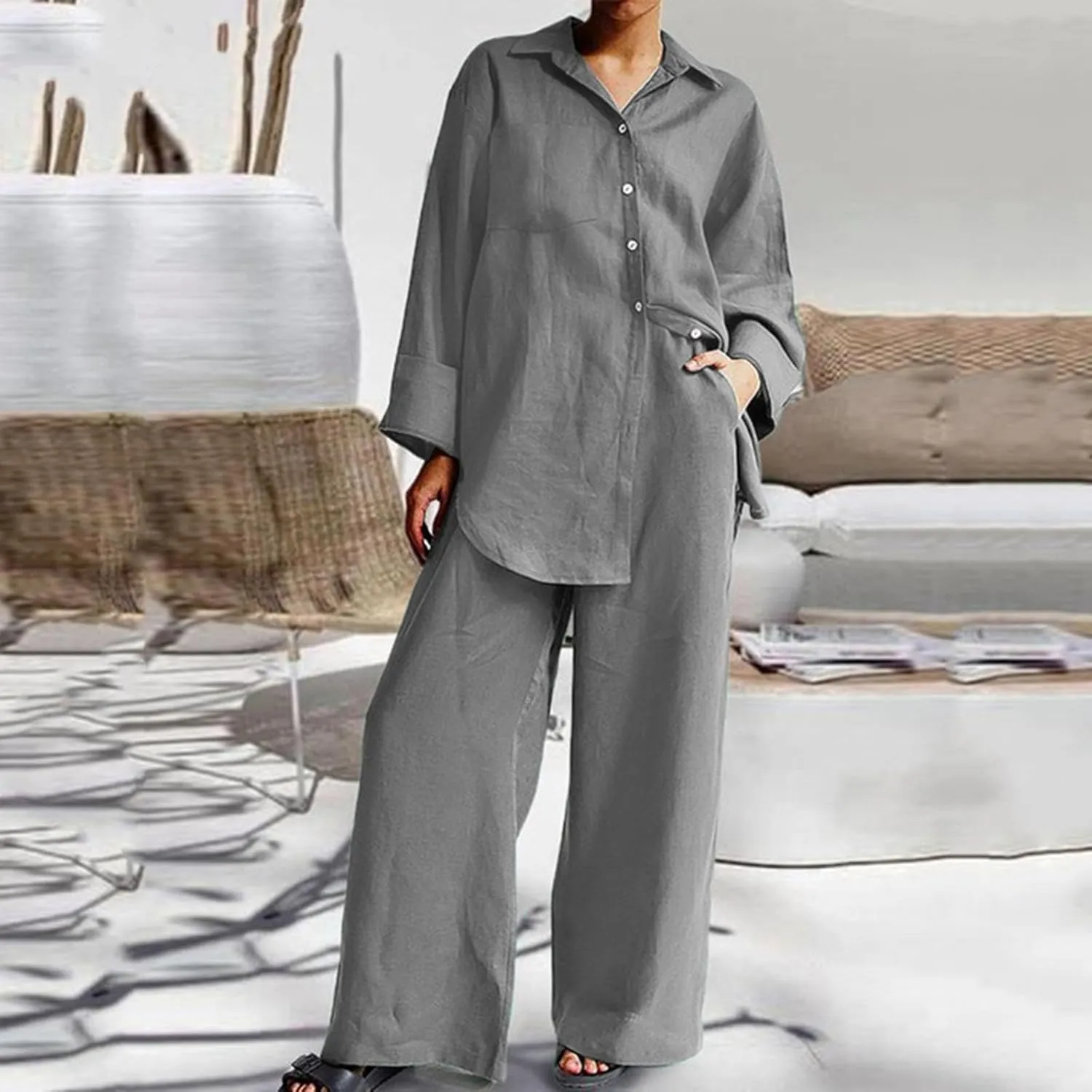 Linen Set for Women Summer 2 Piece Outfits Button Down Shirt and Pants Set Casual Loungewear Sets Wide Leg Pants Set