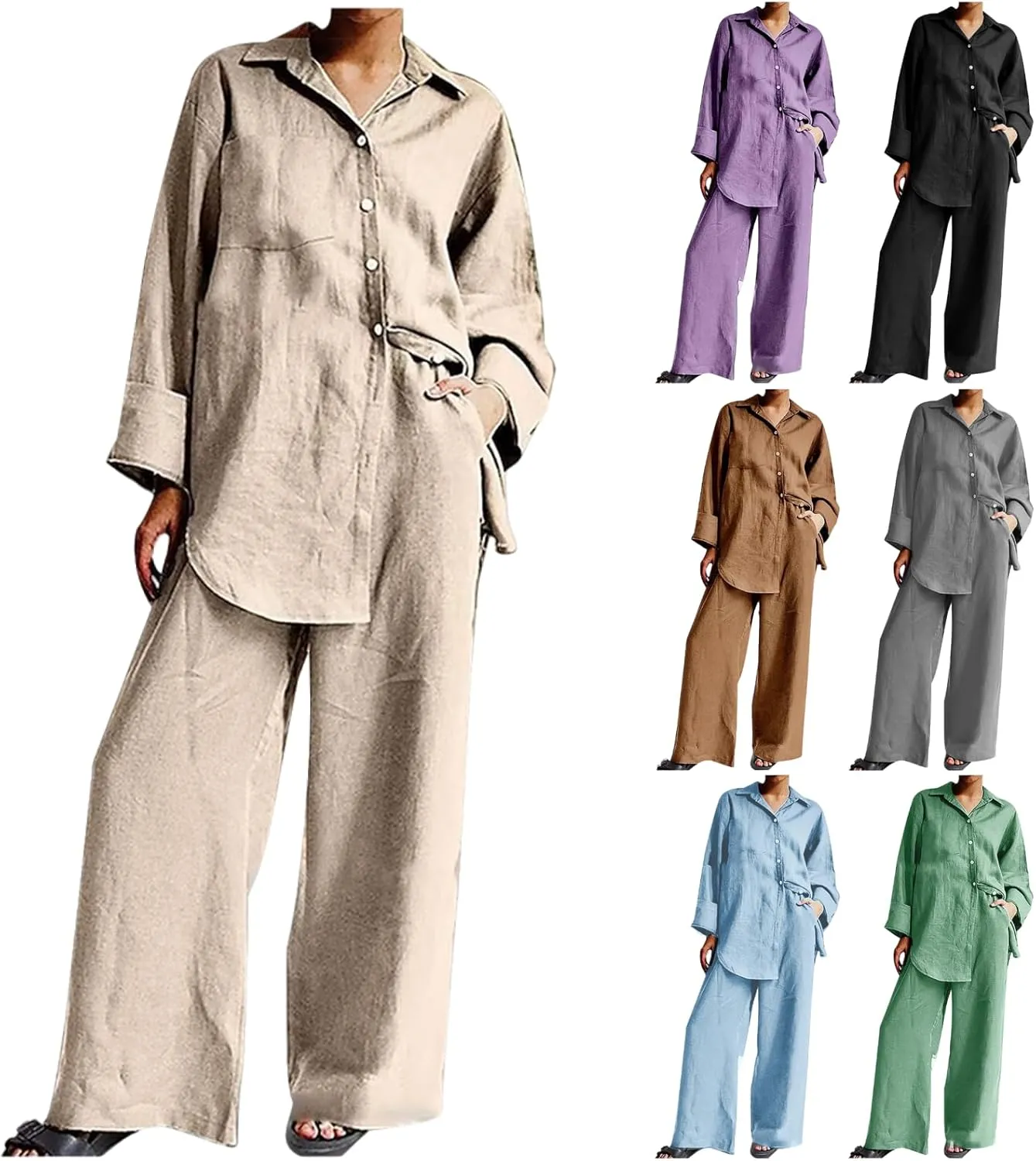 Linen Set for Women Summer 2 Piece Outfits Button Down Shirt and Pants Set Casual Loungewear Sets Wide Leg Pants Set
