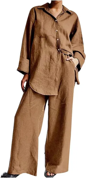 Linen Set for Women Summer 2 Piece Outfits Button Down Shirt and Pants Set Casual Loungewear Sets Wide Leg Pants Set