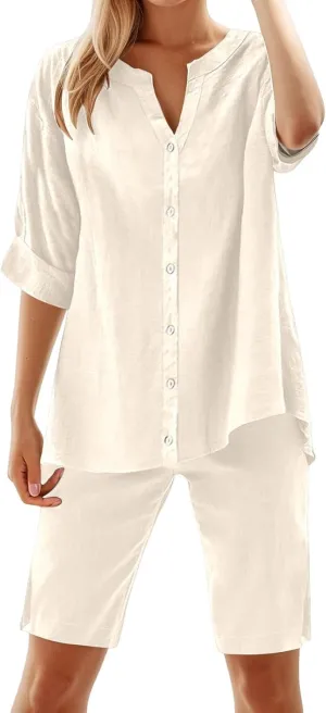 Linen Set for Women Two Piece Tracksuit Button down 3/4 Sleeve Shirt and Shorts Set Beach Vacation Cruise Outfits 2025