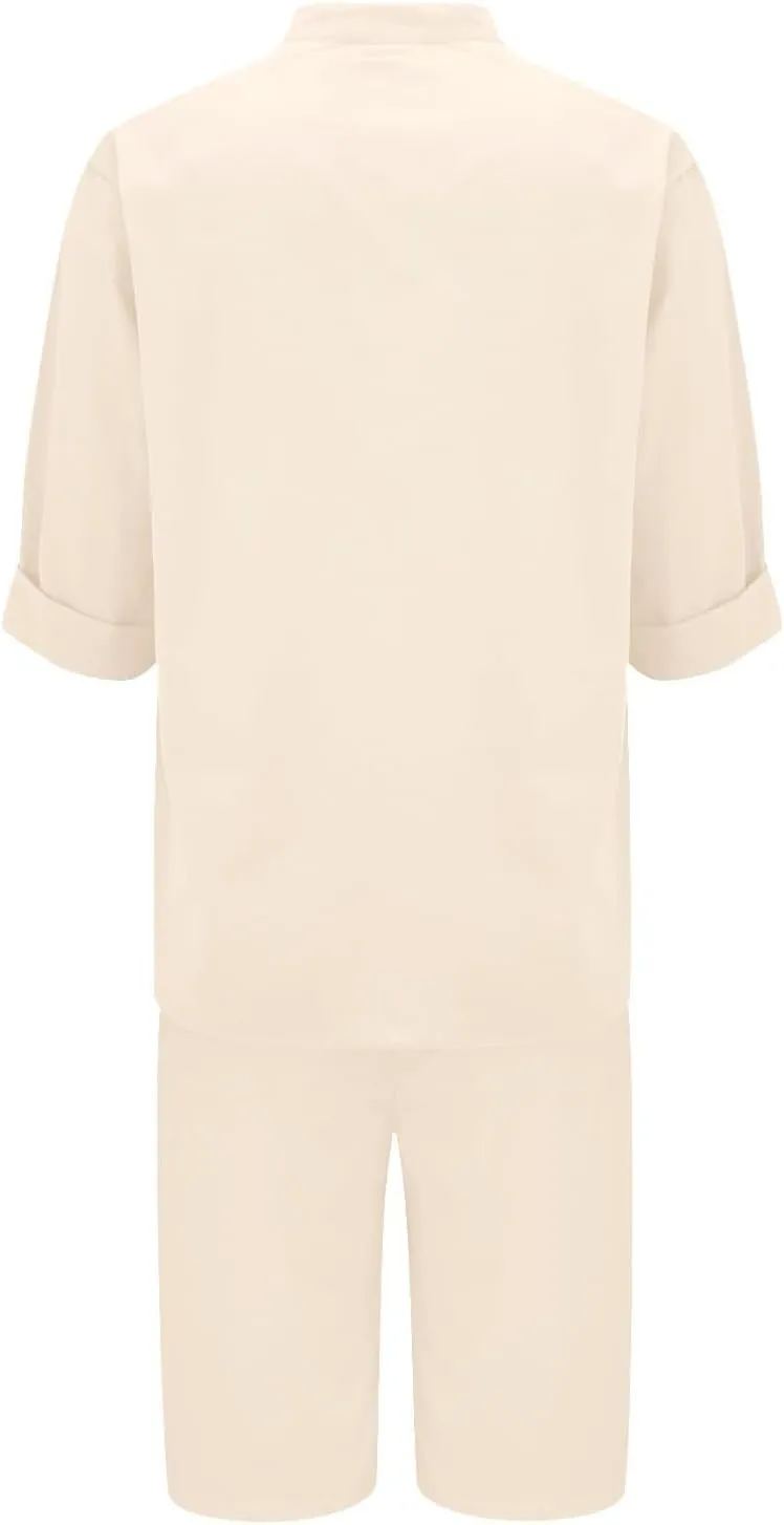 Linen Set for Women Two Piece Tracksuit Button down 3/4 Sleeve Shirt and Shorts Set Beach Vacation Cruise Outfits 2025