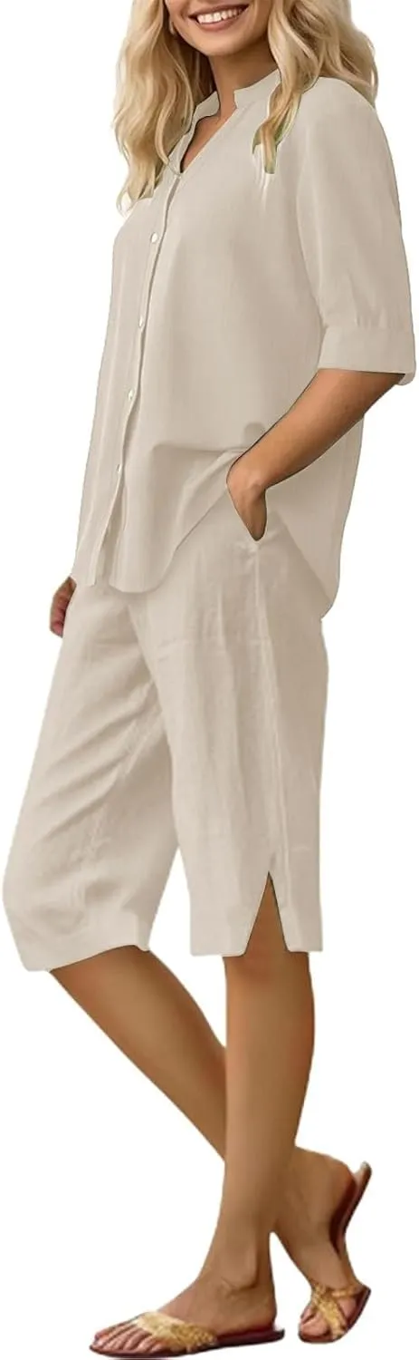Linen Set for Women Two Piece Tracksuit Button down 3/4 Sleeve Shirt and Shorts Set Beach Vacation Cruise Outfits 2025