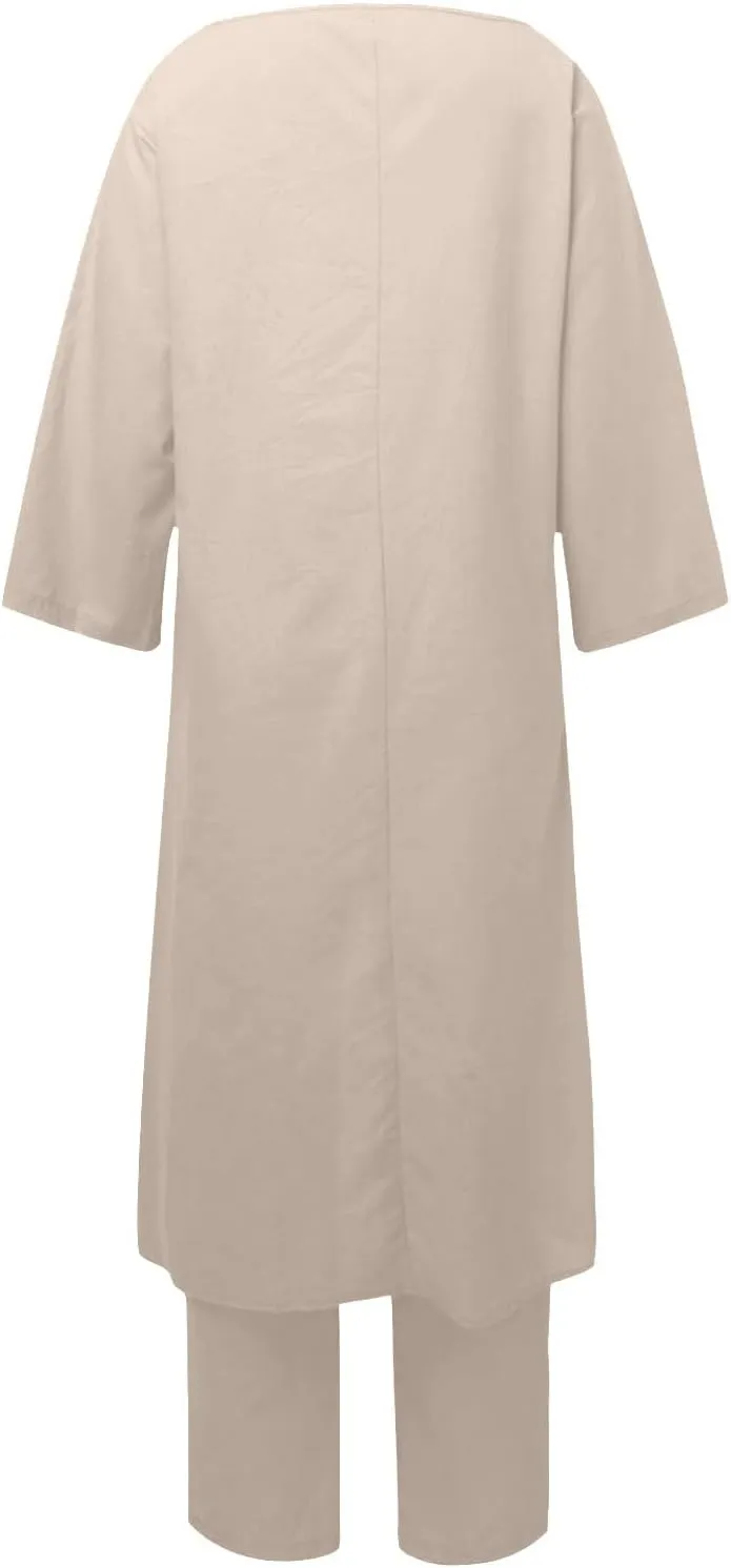 Linen Sets for Women 2 Piece Short Sleeve Summer Tops Wide Leg Pants Casual Matching Tracksuits Travel Outfits