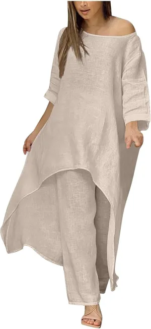 Linen Sets for Women 2 Piece Short Sleeve Summer Tops Wide Leg Pants Casual Matching Tracksuits Travel Outfits