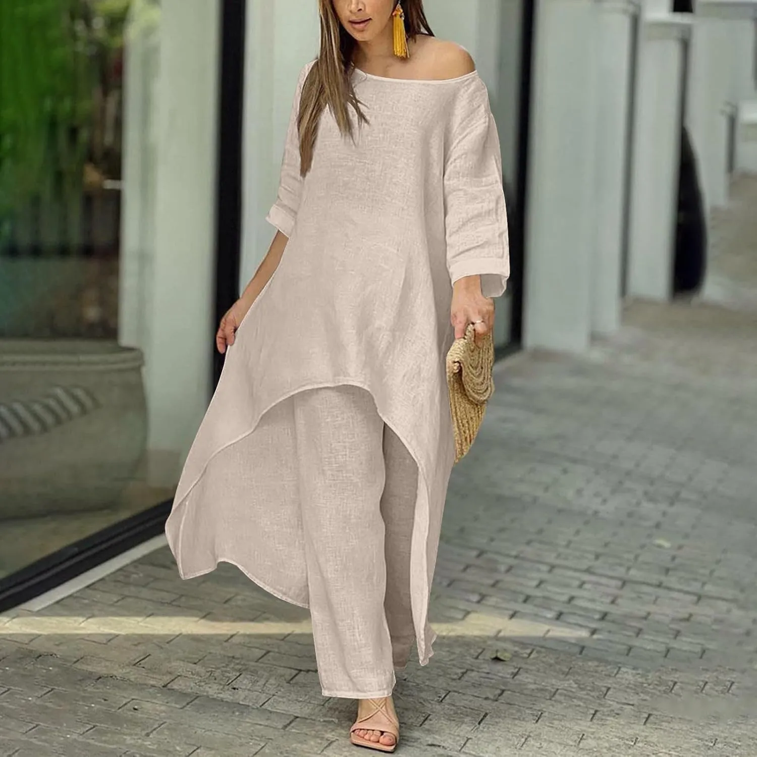 Linen Sets for Women 2 Piece Short Sleeve Summer Tops Wide Leg Pants Casual Matching Tracksuits Travel Outfits