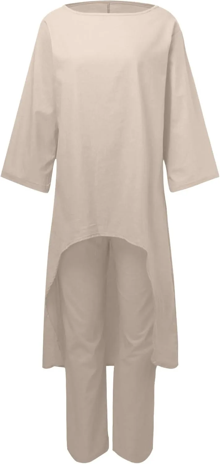 Linen Sets for Women 2 Piece Short Sleeve Summer Tops Wide Leg Pants Casual Matching Tracksuits Travel Outfits